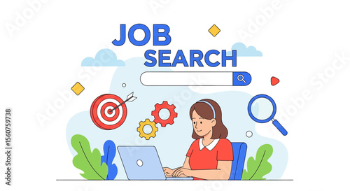 Adobe Illustrator vector flat style illustration of a woman using a laptop for job search, featuring target, gears, and magnifying glass, symbolizing career opportunities