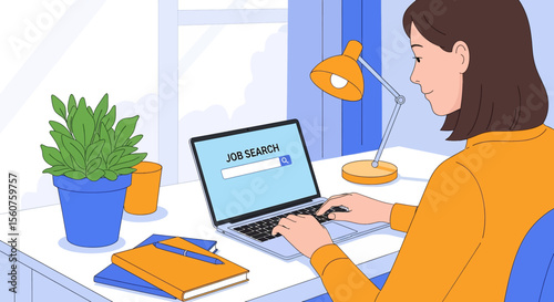 
Adobe Illustrator vector flat style illustration of a woman conducting a job search on her laptop, depicting online career opportunities and employment