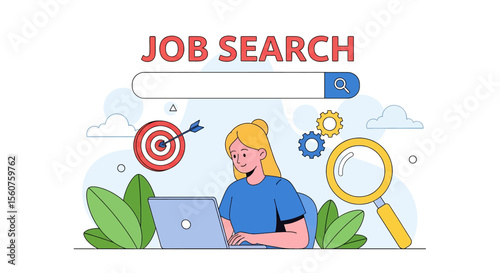 Adobe Illustrator vector flat style illustration of a woman using a laptop for job search, featuring target, gears, and magnifying glass, symbolizing career opportunities