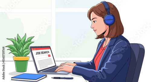 
Adobe Illustrator vector flat style illustration of a woman conducting a job search on her laptop, depicting online career opportunities and employment
