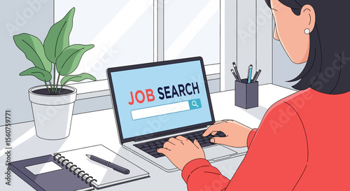 
Adobe Illustrator vector flat style illustration of a woman conducting a job search on her laptop, depicting online career opportunities and employment