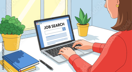 
Adobe Illustrator vector flat style illustration of a woman conducting a job search on her laptop, depicting online career opportunities and employment