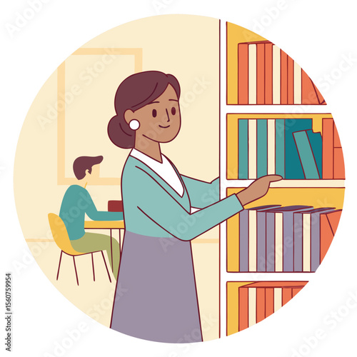 A Librarian Organizes Books on a Shelf in a Quiet Library