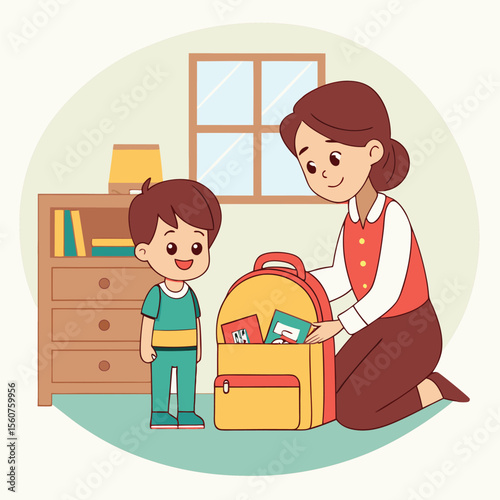 Mother and Son Prepare for the New School Year Filling Backpack