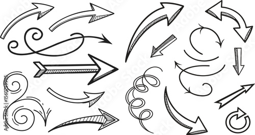 Hand drawn arrow set featuring curved, straight, dotted, and swirled arrows design, arrow vector for creative design, presentations, infographics, and decorative purposes 