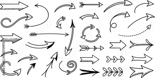 Hand drawn arrow set featuring curved, straight, dotted, and swirled arrows design, arrow vector for creative design, presentations, infographics, and decorative purposes 
