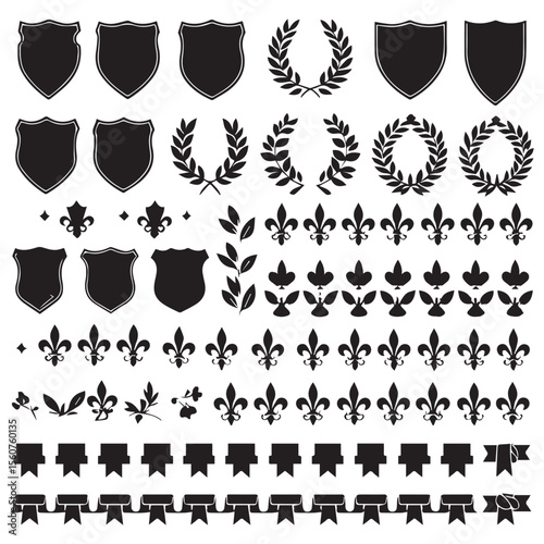 Collection of heraldic shields laurel wreaths fleur de lis and ribbons for design elements