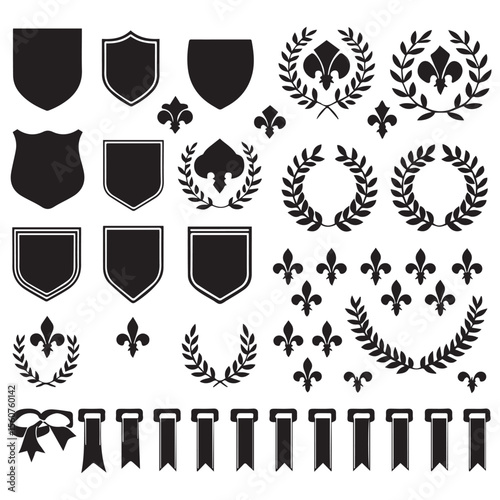 Collection of heraldic shields fleur de lis laurel wreaths and ribbons in black silhouette
