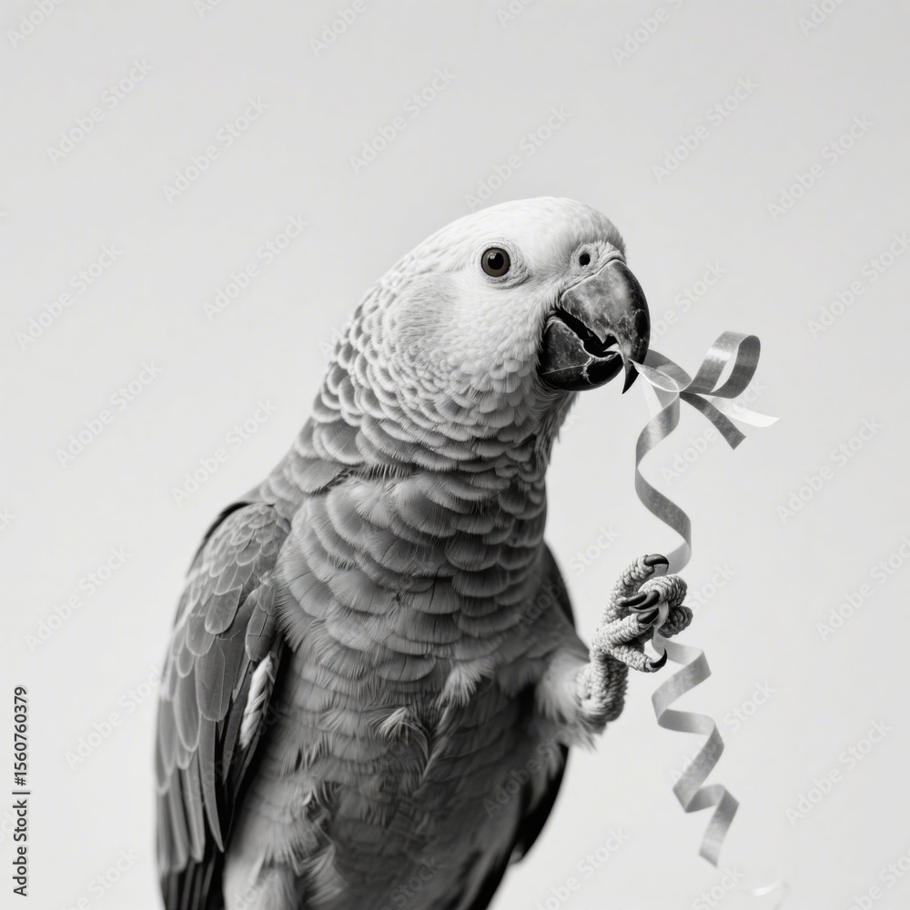 Fototapeta premium A charming black and white portrait of an African Grey parrot holding a festive ribbon in its claw and beak, showcasing its intelligent and playful nature and its magnificent plumage