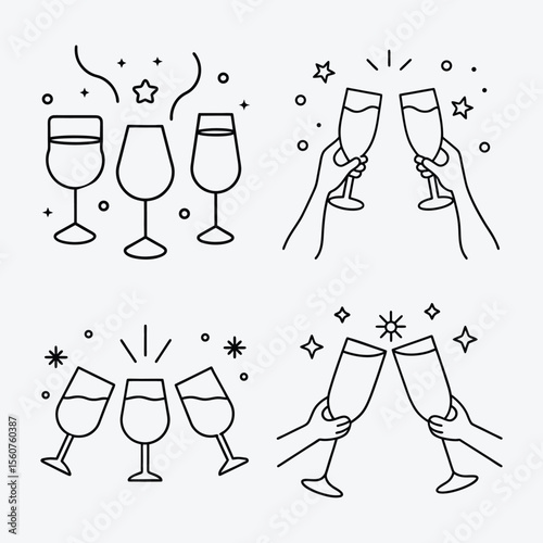 hand drawn vector illustration set of champagne glasses Hands toasting with wine glasses with drinks. Cheers toast festive decoration for holidays. Vector 