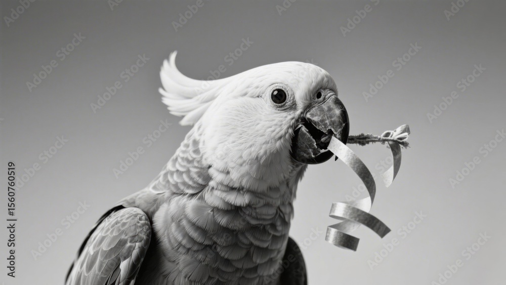 Obraz premium A charming Sulphur-crested Cockatoo playfully holds a festive silver streamer in its beak, set against a soft grey backdrop .
