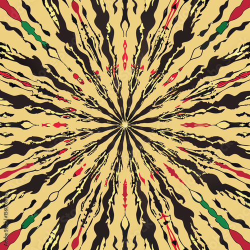 Abstract radial pattern with black, red, and green accents on a yellow background.