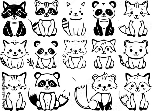 Adorable Cartoon Animals Cute Raccoon, Panda, Cat Illustrations