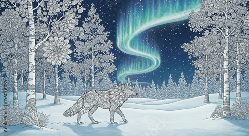 Arctic Wolf Under the Aurora Borealis A Stunning Winter Night Scene