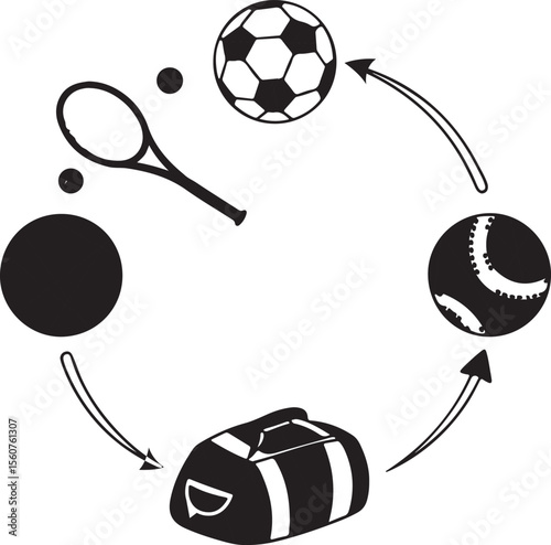 Football, baseball, tennis bat and kit beg silhouette design 