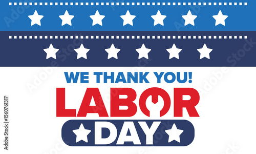 Happy Labor Day. Public federal holiday, celebrate annual in United States. American labor movement. Patriotic american elements. Poster, card, banner and background. Vector illustration