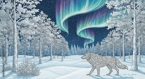 Arctic Wolf under the Magical Aurora Borealis A Stunning Winter Night Scene