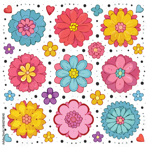 Colorful floral design with a collection of diverse stylized flowers in vibrant hues and patterns arranged on a white dotted background for decorative purposes.