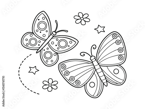 Coloring sheet for kids and adults, butterflies design with shapes
