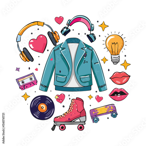 Retro 80s and 90s fashion elements with iconic symbols of music love and youthful expression arranged creatively