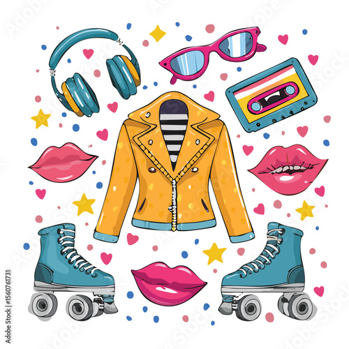 Colorful retro pop art illustration featuring roller skates headphones jacket cassette sunglasses and lipstick elements
