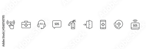 Emergency line icon set. Containing ambulance, lifebuoy, first aid, police, medical, emergency exit, hospital and SOS icons. Line icon collection. SOS icon. Vector illustration.