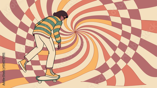 Artistic illustration of a person skateboarding with a psychedelic spiral background depicting movement and retro vibe