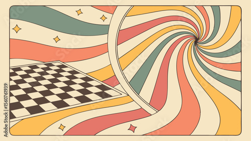 Retro psychedelic abstract design depicting swirling vortex and chessboard in a vintage 1970s aesthetic
