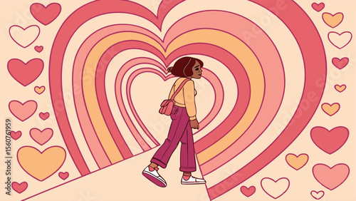A young woman walking into a tunnel of hearts illustrating concepts of love romance and self discovery in an artistic style.
