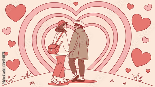 Romantic illustration depicting a couple holding hands walking towards a heart symbol expressing love and togetherness