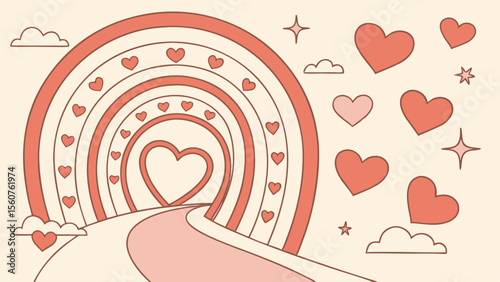Whimsical illustration of a heart tunnel pathway leading to love and affection with hearts clouds and stars.