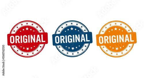 set of stamp vector flat style illustration of "ORIGINAL" rubber stamps in red, blue, and orange, featuring grunge textures and star accents, ideal for product authenticity and quality