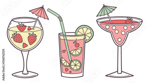 Three refreshing summer cocktails including strawberry and lime garnishes in stylishly designed glasses and decorations.