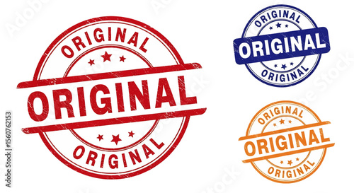 set of stamp vector flat style illustration of "ORIGINAL" rubber stamps in red, blue, and orange, featuring grunge textures and star accents, ideal for product authenticity and quality
