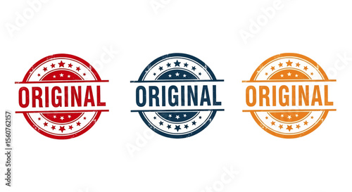 set of stamp vector flat style illustration of "ORIGINAL" rubber stamps in red, blue, and orange, featuring grunge textures and star accents, ideal for product authenticity and quality