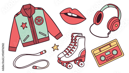 Retro style illustration featuring trendy clothing accessories music elements and sport equipment in vector graphics format