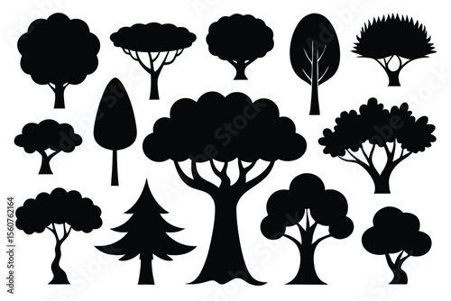Collection of black silhouette trees various shapes and sizes