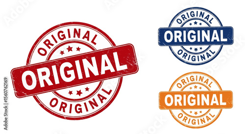 set of stamp vector flat style illustration of "ORIGINAL" rubber stamps in red, blue, and orange, featuring grunge textures and star accents, ideal for product authenticity and quality