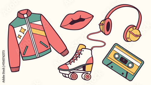 Retro illustration featuring roller skates a jacket cassette tape lips and headphones in a classic 80s style