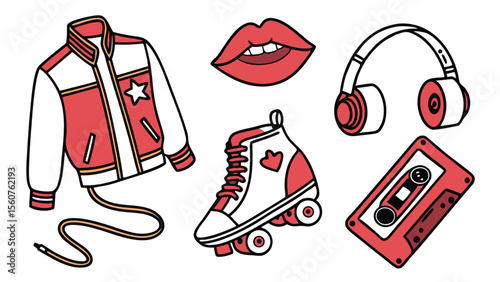 Playful retro vector illustration with red and white elements including a jacket lips headphones roller skate and cassette tape