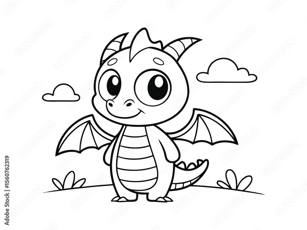 Obraz premium Coloring picture for kids. cute dragon. Cute cartoon dragon character mascot, cut out dinosaur silhouette