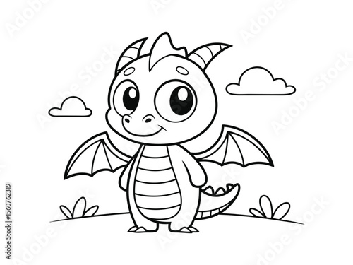 Coloring picture for kids. cute dragon. Cute cartoon dragon character mascot, cut out dinosaur silhouette