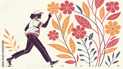 A runner in a cap interacting with floral elements in a warm and inviting botanical illustration
