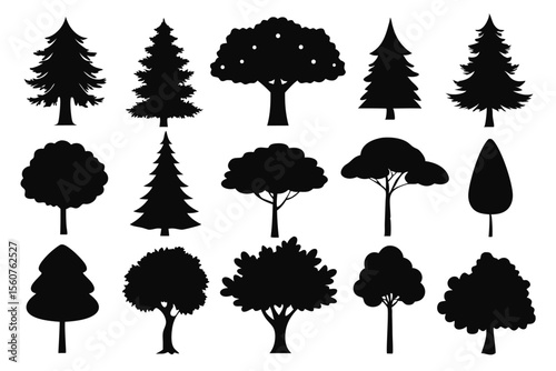 Collection of black silhouette trees various shapes and sizes