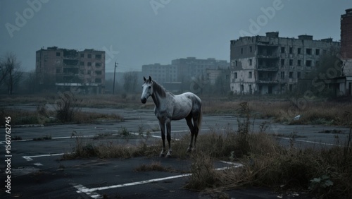 A lone white horse stands in a dilapidated parking lot surrounded by ruined buildings, evoking a sense of desolation and resilience in a post-apocalyptic setting .