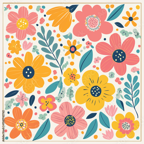 Colorful hand drawn floral pattern design featuring various flower varieties and greenery on a light cream background