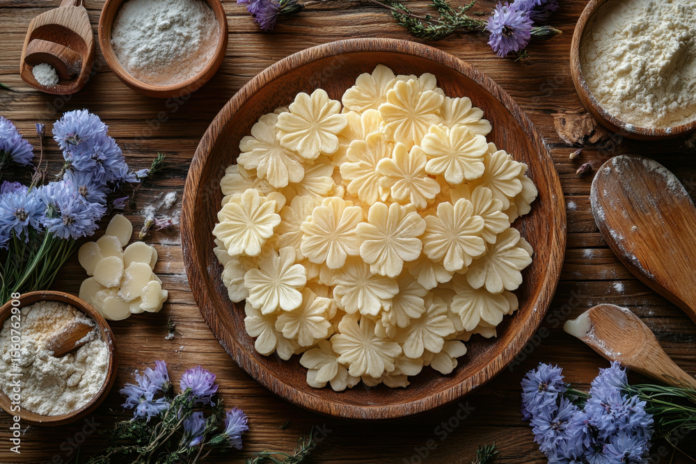 Bowl of pasta garnished with flowers, spoons nearby. Bowl of pasta garnished with flowers, spoons nearby.