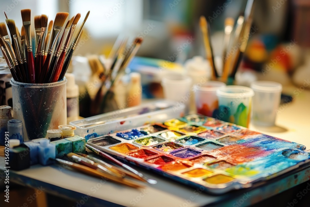 Artistic palette and brushes on a table Artistic palette and brushes on a table