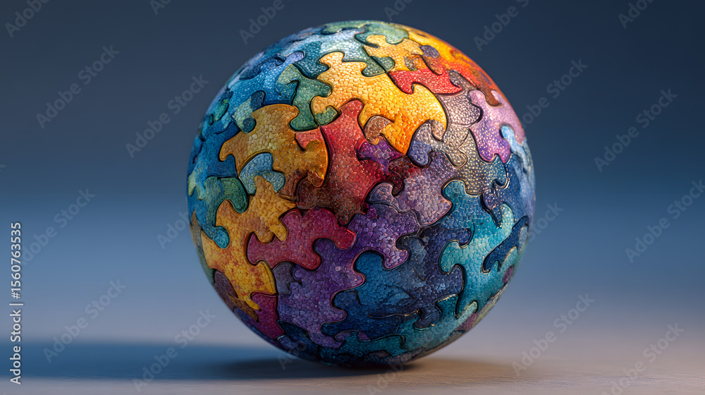 Obraz premium Colorful Puzzle Ball on Blue Background - Autism Awareness Concept