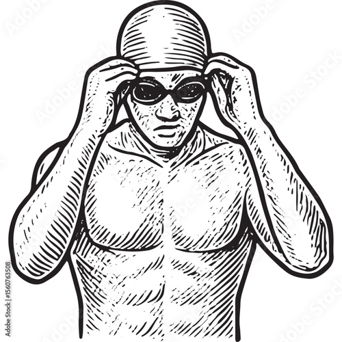 Black and white sketch of a male swimmer stretching, cap and goggles, emphasizing strength and pre-swim preparation